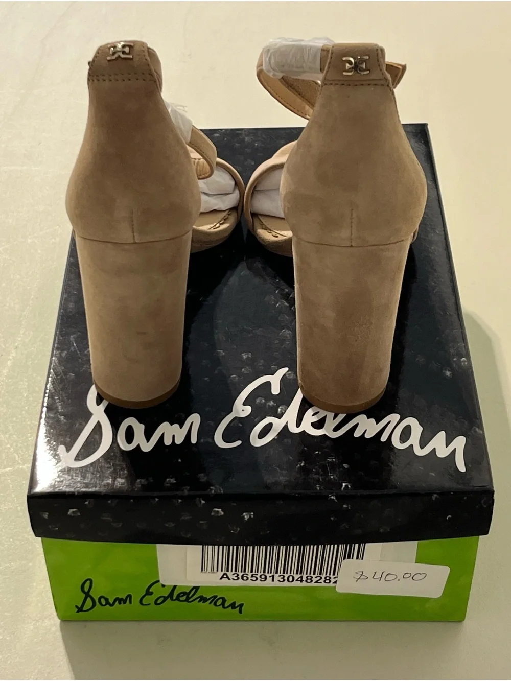 Sam Edelman Taupe Suede Ankle Tie Block Heel Sandals